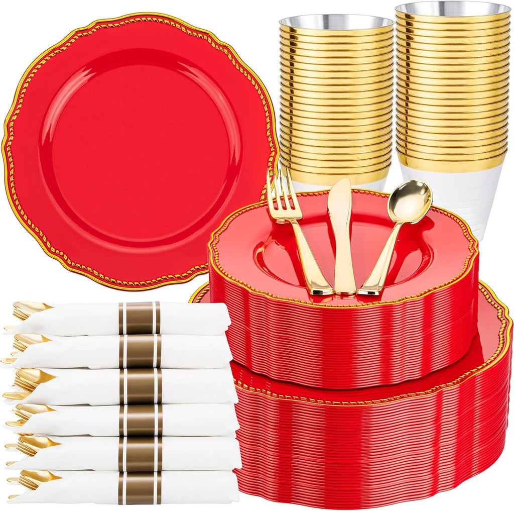 350pcs Red Gold Plastic Plates - Red Plastic Dinnerware Set Includes 50 Dinner Plates, 50 Dessert Dinnerware, 50 Cups, 50 Pre-rolled Napkins Perfect for Wedding & Party