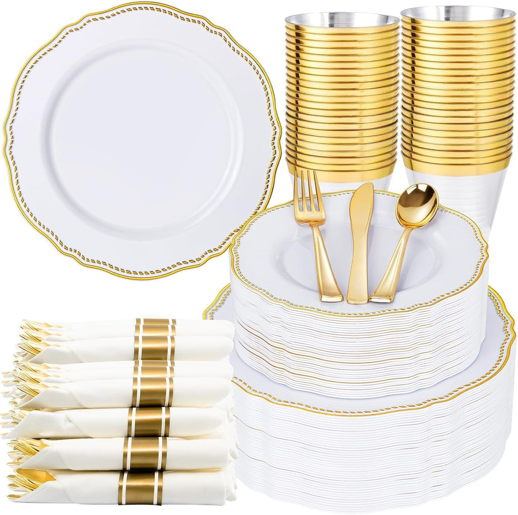 350pcs White and Gold Plastic Plates - Gold Plastic Dinnerware Set Includes 50 Dinner Plates, 50 Dessert Dinnerware, 50 Cups, 50 Rolled Napkin Cutlery Perfect for Wedding & Party