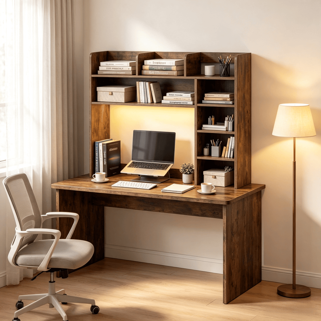 35.5 Inch Desktop Bookshelf with LED Lights Desk Hutch Storage Organizer - Eco-Friendly Wood Material for Home Office