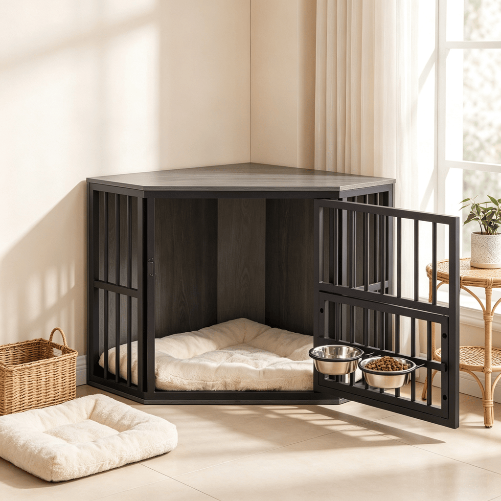 35.5 Inch Wooden Dog Kennel End Table with  3-Position Dog Bowl Rack Storage Side Table for Pets