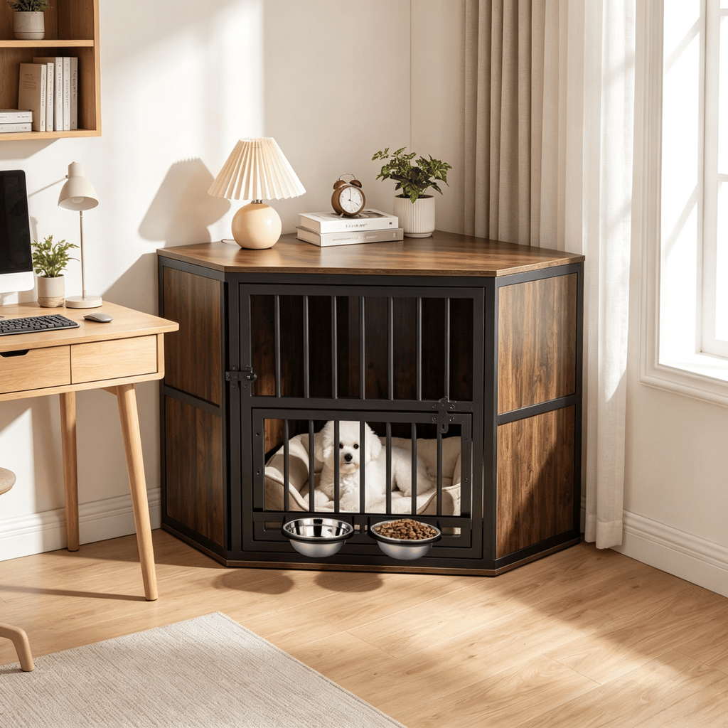 35.5 Inch Wooden Dog Kennel End Table with  3-Position Dog Bowl Rack Storage Side Table for Pets