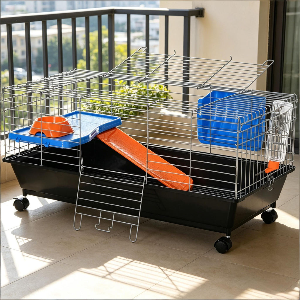 35"L Black Small Animal Cage for Chinchilla with Food Dish Water Bottle Hay Feeder Platform Ramp
