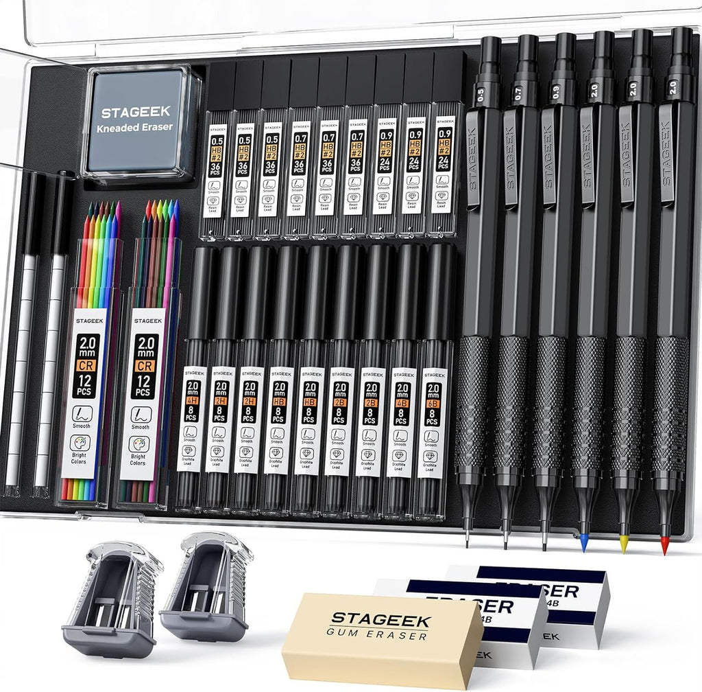 35PCS Black Art Mechanical Pencil Set in Case 0.5 0.7 0.9 2.0 Graphite Metal Drawing Drafting Pencils Sharpener Erasers 384PCS Lead Refills 6B 4B 2B HB 2H 4H Colors for Writing Sketching