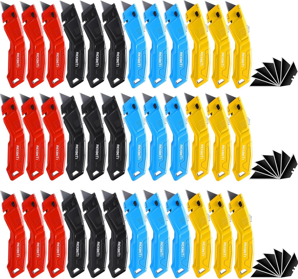 36 Pack Utility Knife Retractable Box Cutter, 4 Color Heavy Duty Aluminum Shell Knife Sets with Extra 30pc SK2 Blades for Cartons, Cardboard and Boxes
