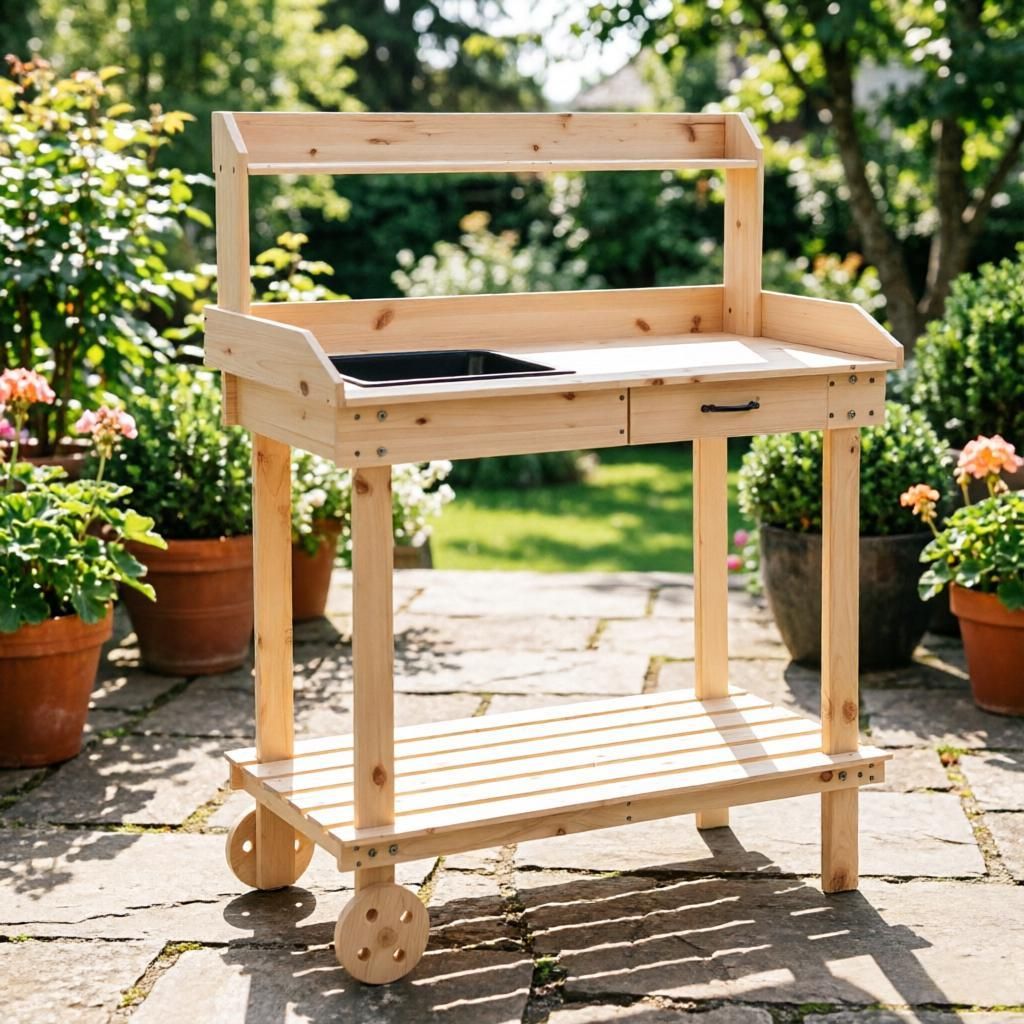 36" Wooden Pottery Workstation Garden Workstation with Sink Drawer and Large Storage Space 2 Removable Wheels