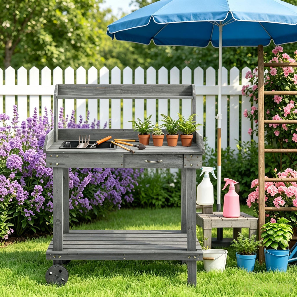 36'' Wooden Potting Bench Work Table Gray with Sink Drawer Large Storage Spaces And 2 Removable Wheels for Garden Tools Organization