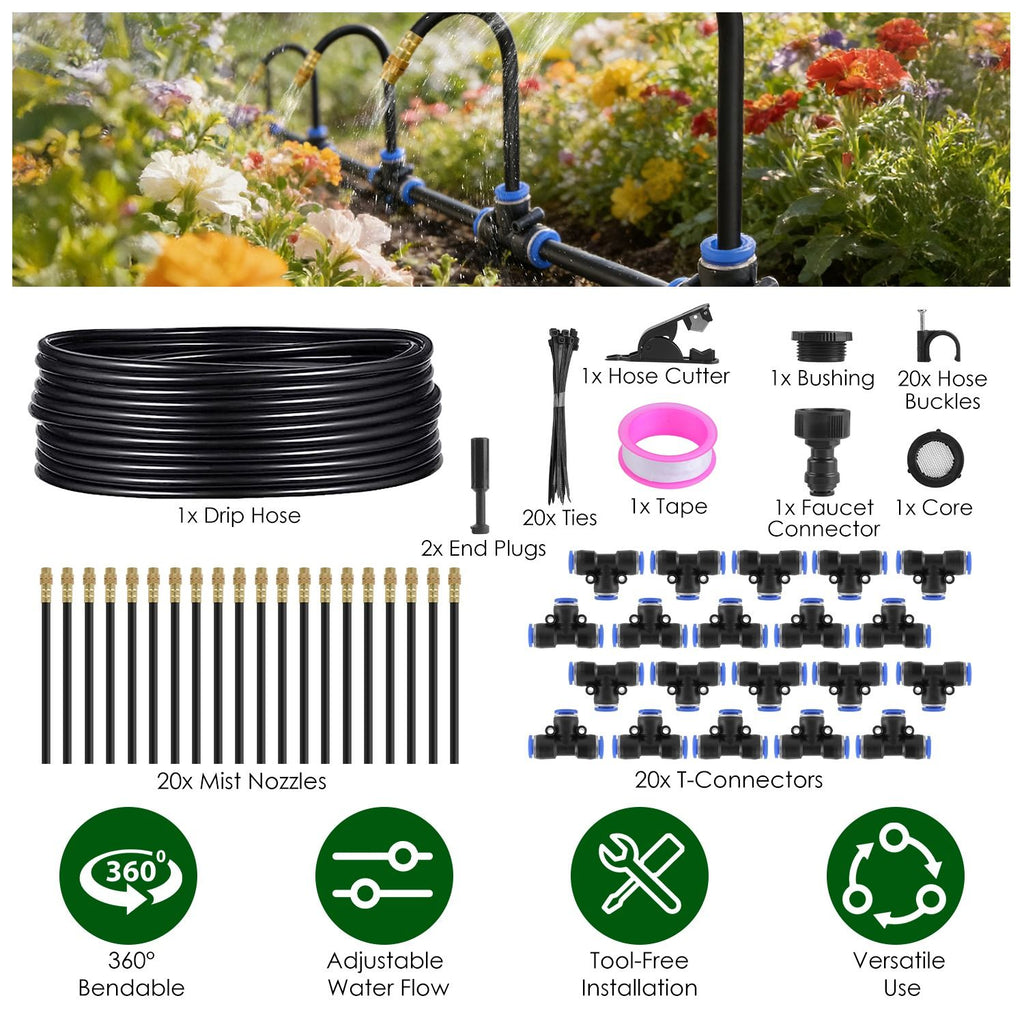 360° Bendable Drip Irrigation System with 49FT 5/8' Tubing Hose 5/16' Faucet Connector Automatic Watering Misting Kit For Garden Greenhouse Yard Lawn