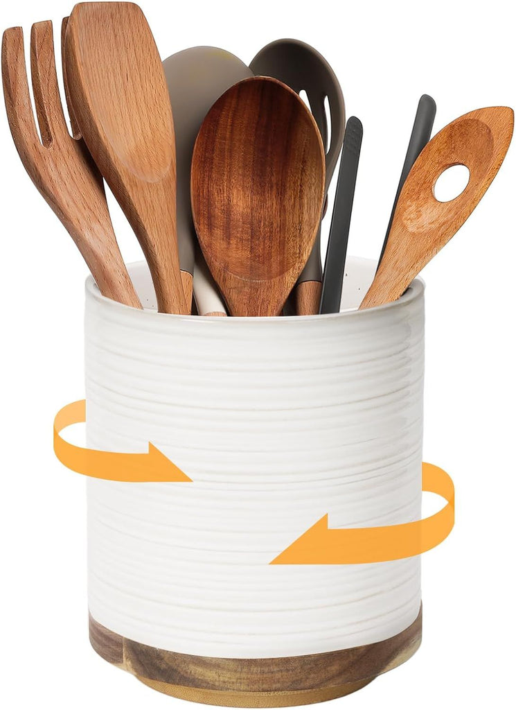 360° Rotating Extra Large Cooking Utensil Holder, 7.6" Kitchen Utensil Holder for Countertop, Utensil Crock for Farmhouse Kitchen Decor, Ceramic Stable Utensil Caddy, Soft White