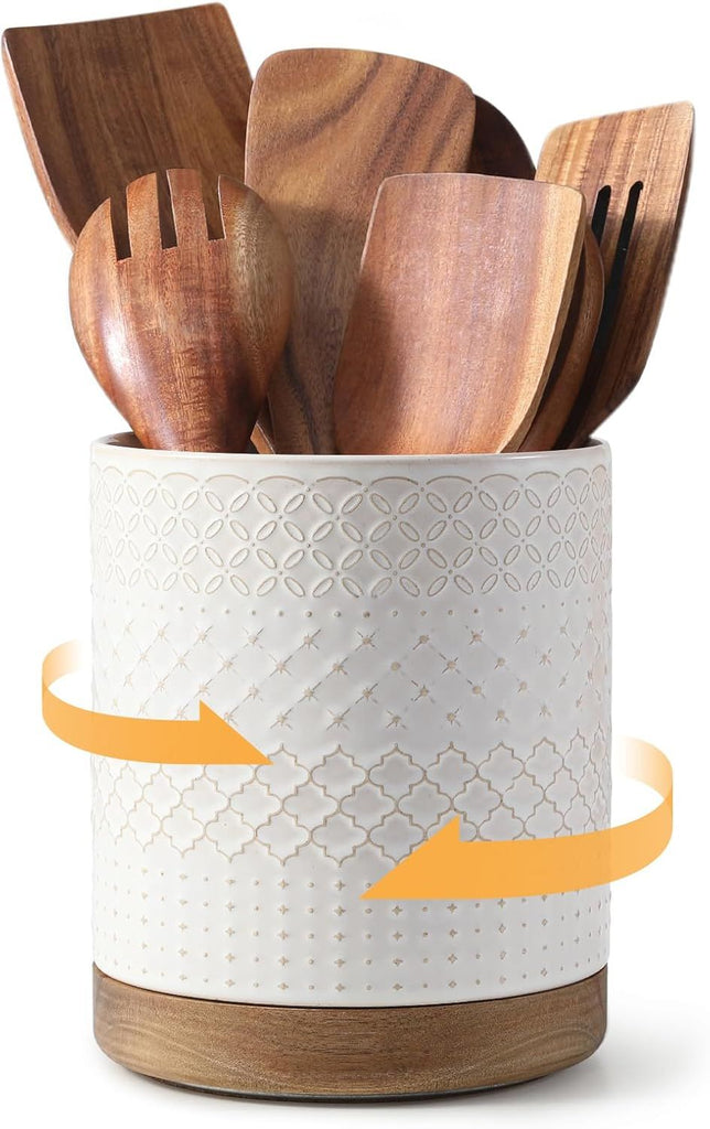 360° Rotating Extra Large Cooking Utensil Holder, 7.6" Kitchen Utensil Holder for Countertop, Utensil Crock for Farmhouse Kitchen Decor, Ceramic Stable Utensil Caddy, White Embossed