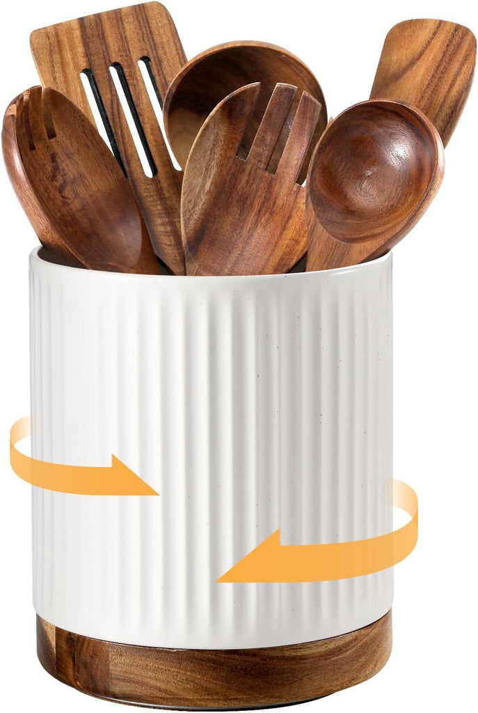 360° Rotating Extra Large Cooking Utensil Holder, 7.6" Kitchen Utensil Holder for Countertop, Utensil Crock for Farmhouse Kitchen Decor, Ceramic Stable Utensil Caddy, White Stripes