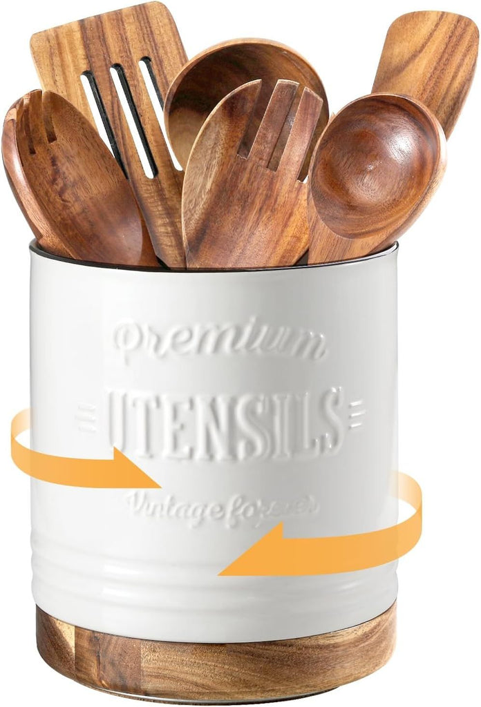 360° Rotating Extra Large Cooking Utensil Holder, 7.6" Kitchen Utensil Holder for Countertop, Utensil Crock for Farmhouse Kitchen Decor, Ceramic Stable Utensil Caddy, White Text