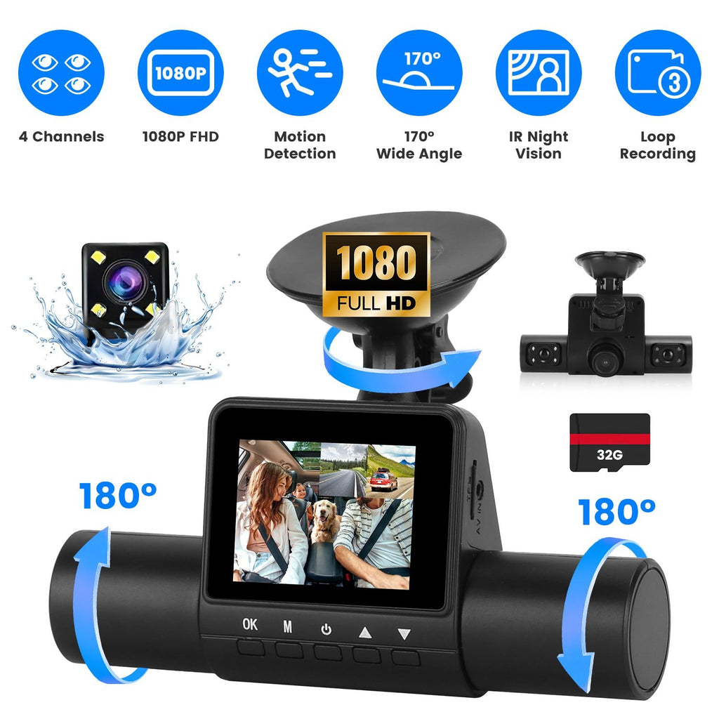 360° View FHD 4 Channel Dash Cam 1080P Front 480P Rear Left Right Inside Dash Camera With IR Night Vision Loop Recording Motion Detection Free 32GB MMC Card