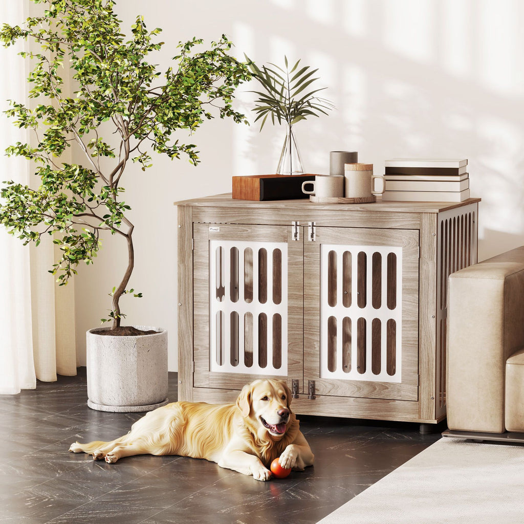 39" Dog Crate Furniture with 2 Doors, Adjustable Non-slip Foot Mats, for Large Dogs, Walnut Brown