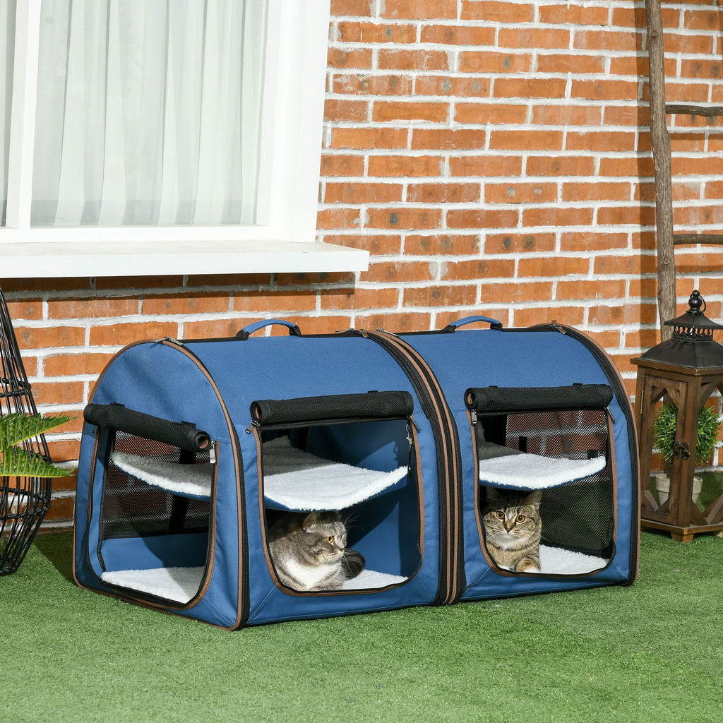 39" Portable Soft-Sided Cat Carrier, Cat Kennel, Travel Dog Crate with Divider, Two Compartments, Soft Cushions & Storage Bag, Easy to Fold, Blue