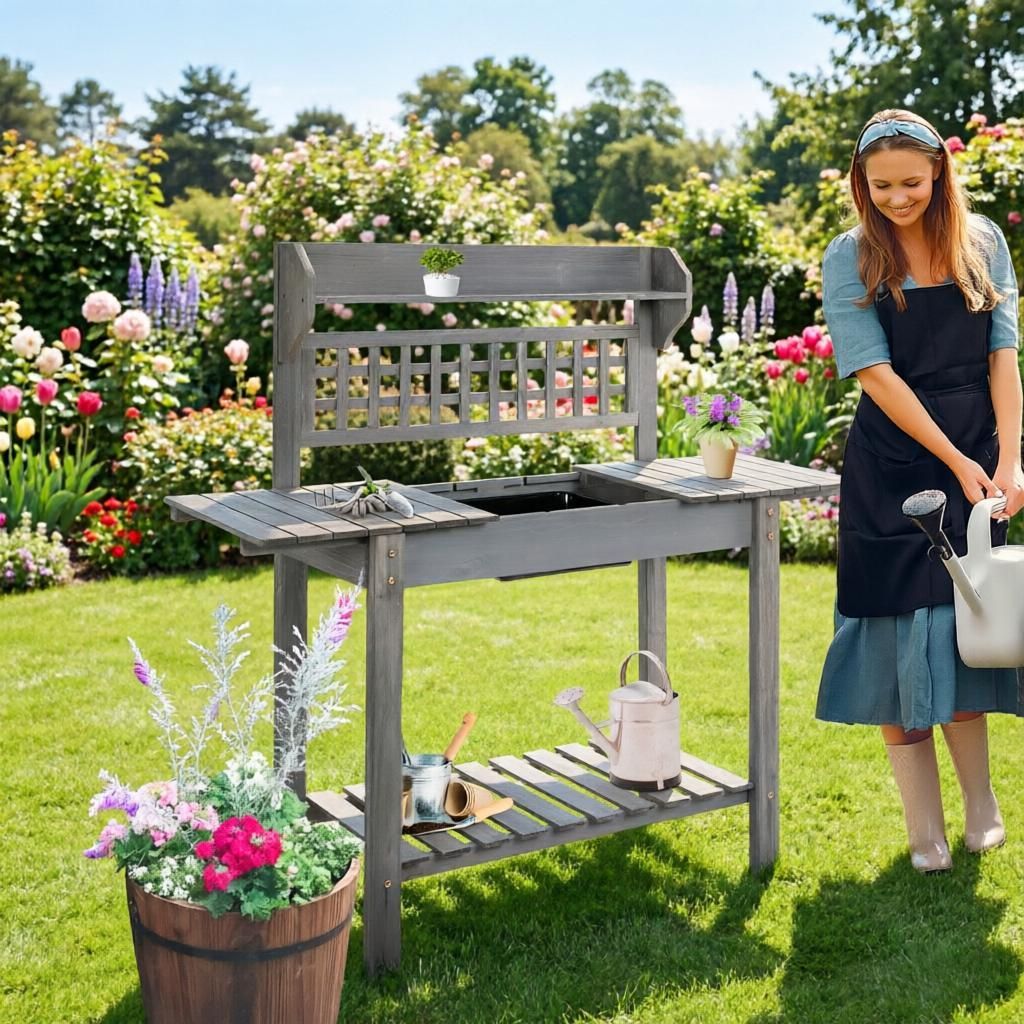 39'' Wooden Garden Potting Bench Work Table Gray with Hidden Storage Sliding Tabletop Upper Shelf And below Clapboard