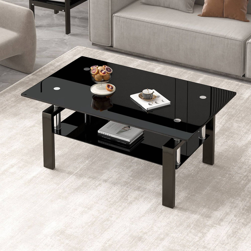 39.37 Inch 2-Tier Tempered Glass Coffee Table, Glass Center Table with Lower Shelf and Metal Frame, Modern Rectangular Cocktail Table for Living Room Office Bedroom