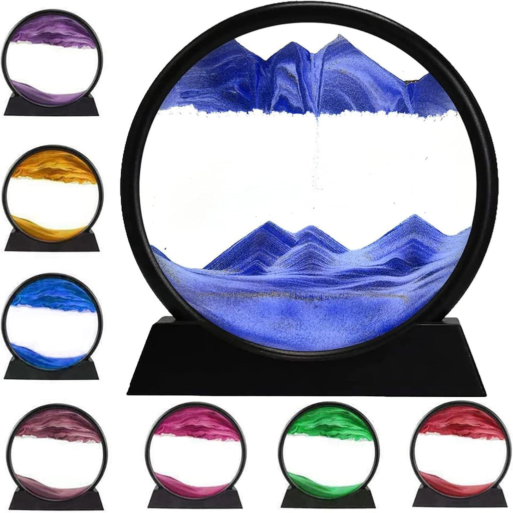 3D Dynamic Sand Art Liquid Motion, Moving Sand Art Picture Round Glass 3D Deep Sea Sandscape in Motion Display Flowing Sand Painting Relaxing Desk Toys (Blue, 7'')