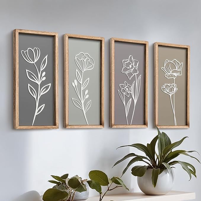 3D Wooden Bathroom Wall Decor (Set of 4) Lightweight, Ready-to-Hang Framed Wall Art For Living Room, Bedroom, or Office - Premium Boho Botanical Farmhouse Decorations - Gift-Boxed