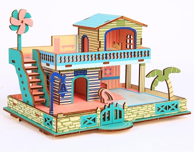 3D Wooden Puzzle  Seaside Villa,57Pieces,3D Architectural Model Building Set for Teens and Kids Ages 8+,Model House,Miniature House kit,Arts and Crafts for Kids. (Simple Packaging)