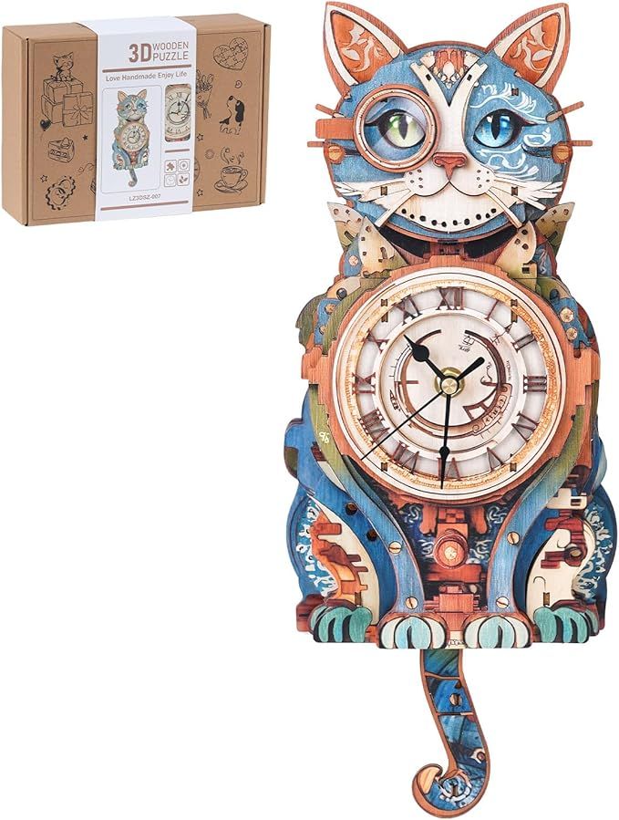 3D Wooden Puzzles for Adults, Detective Cat Clock with Pendulum Model Kit, 3D Puzzles for Adults Room Home Decor DIY Wall Clock Kit, Holiday Birthday Christmas Day Gifts for Men Women Teens