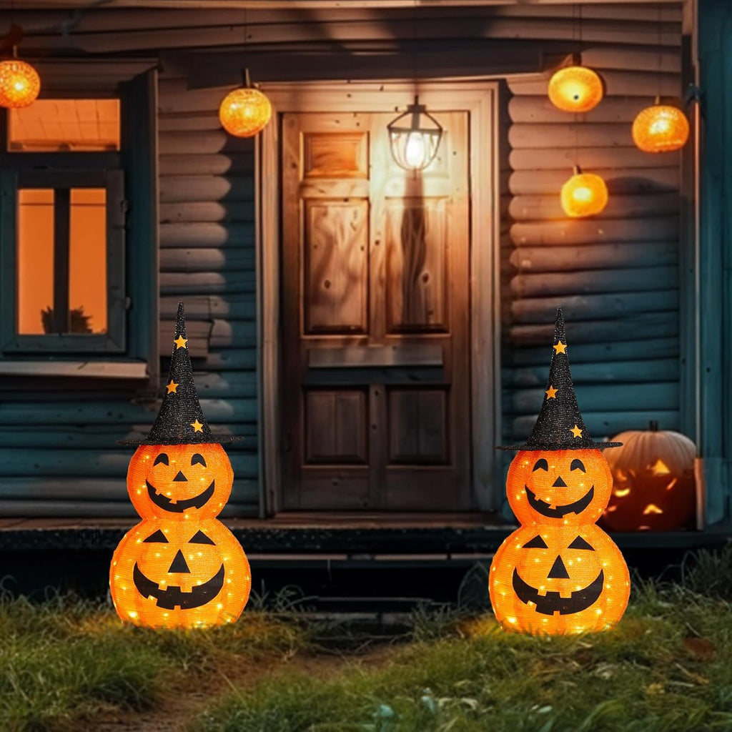 3FT Cute Collapsible Lighted Halloween Decorations Outdoor, 2-PCS Pop Up Halloween Pumpkin Decorations, Light Up Pumpkin with Pre-lit 150 LEDs, for Porch Yard Lawn Patio