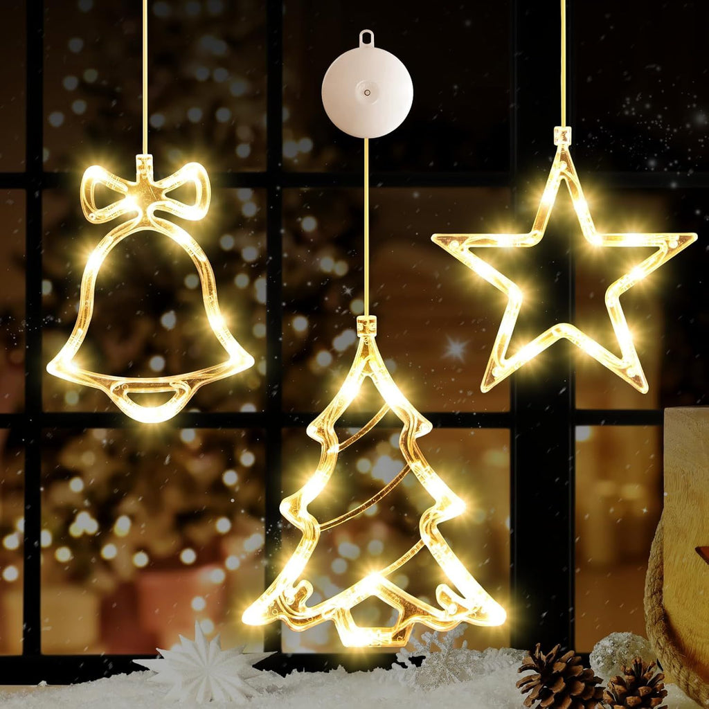 3Pack Christmas Window Lights Decorations with Timer, Battery Powered Hanging Warm White Lighted Tree Bell Star Shaped LED Sucker for Xmas Tree Fireplace Indoor Decor