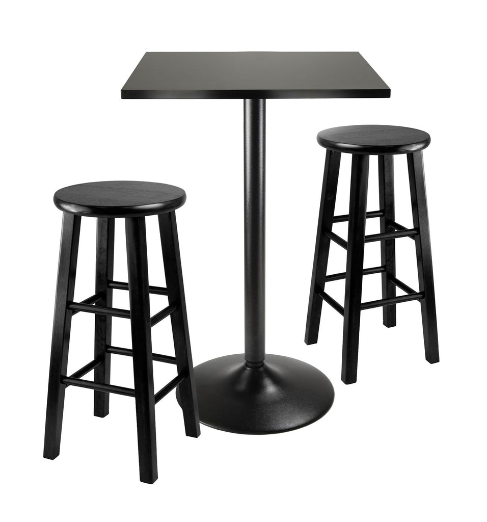 3pc Counter Height Dining Set; Black Square Table Top and Black Metal Legs with 2 Wood Stools