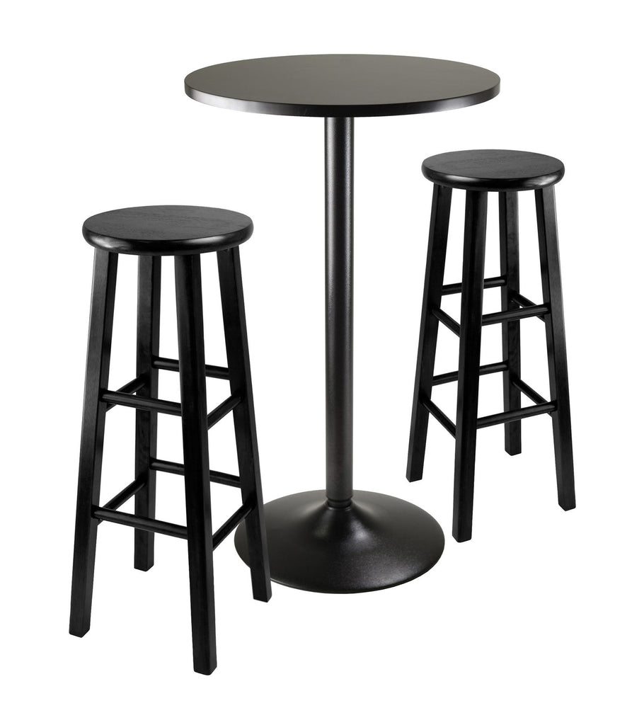 3pc Round Black Pub Table with two 29" Wood Stool Square Legs
