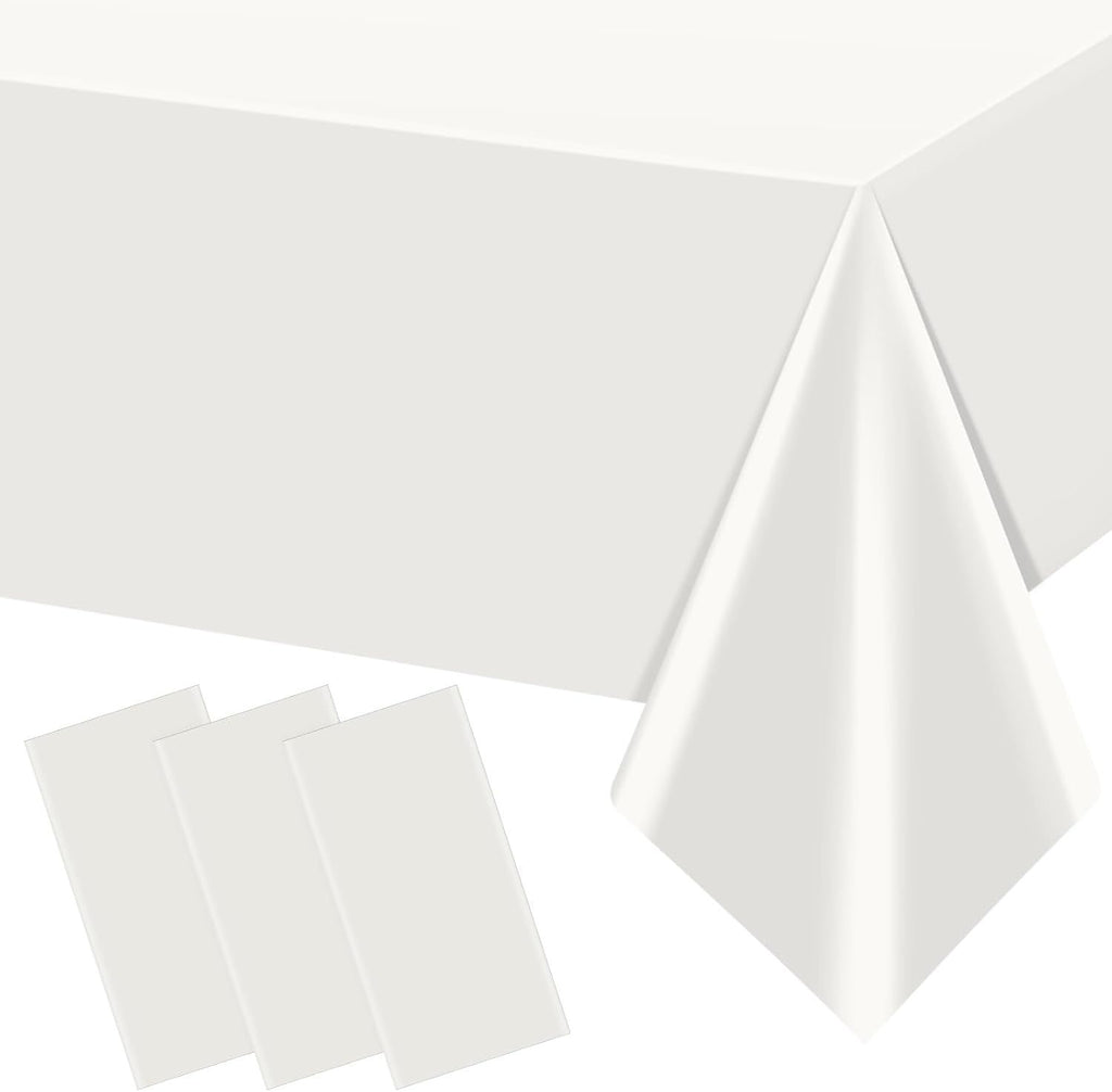 3Pcs 54 x 108 Inch White Rectangle Tablecloth Disposable Plastic Table Cloth Waterproof White Table Cover for Graduation Birthdays Weddings Anniversary Party Decorations
