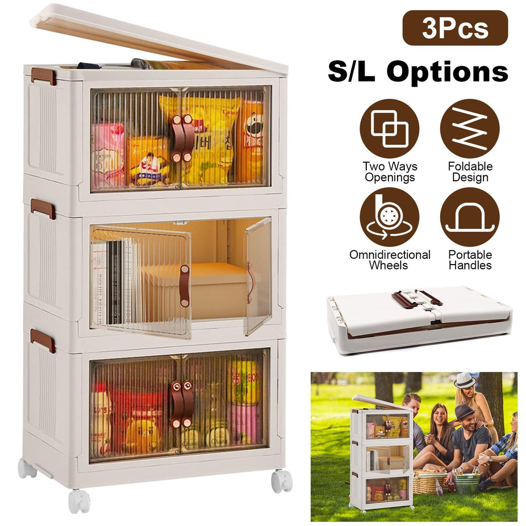 3Pcs Foldable Storage Bins with Lid Front Magnetic Door Collapsible Stackable Closet Organizer Containers with 4Pcs 360° Rotatable Wheels 8Pcs Small Wheels