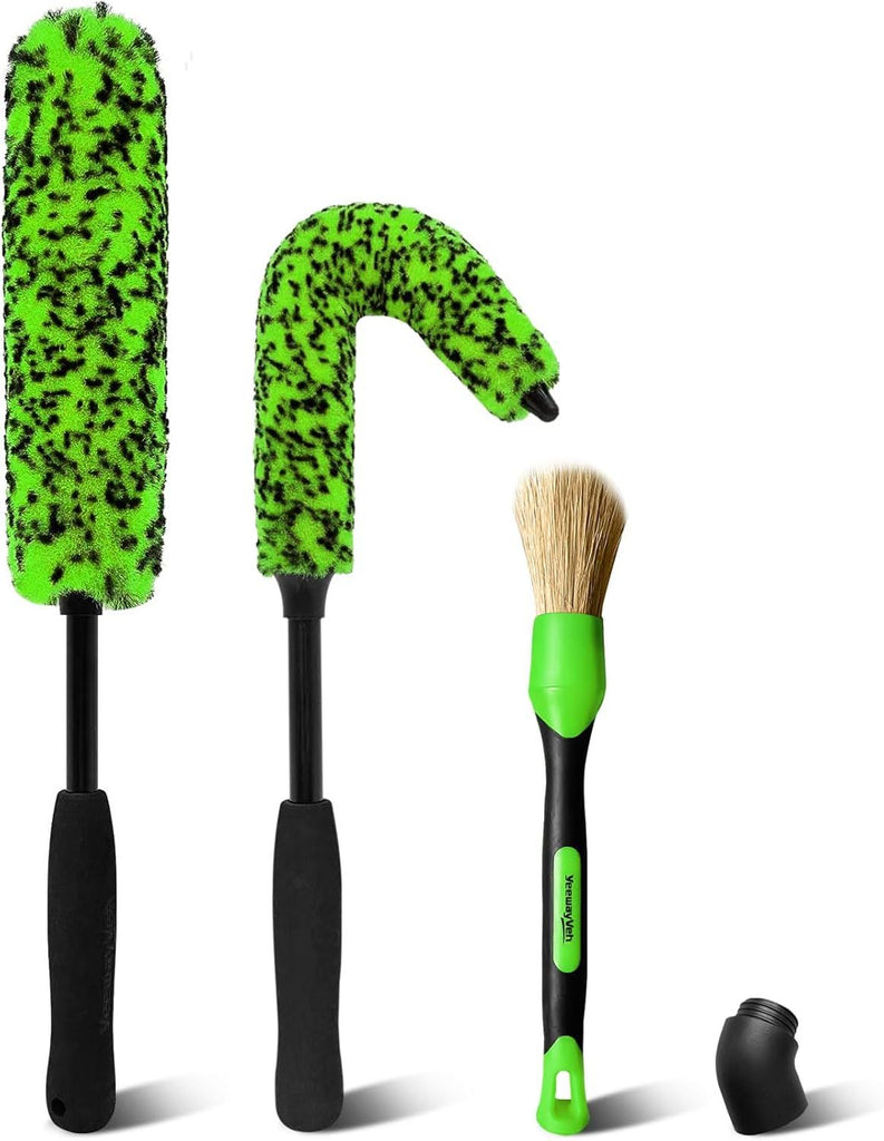3PCS Quick Car Wheel Brush Kit, 2-Size 360° Rim Cleaner Brushes, Boars Hair Detailing Brush, Fast Scratch-Free Cleaning for Car Wheels, Motorcycle, Green