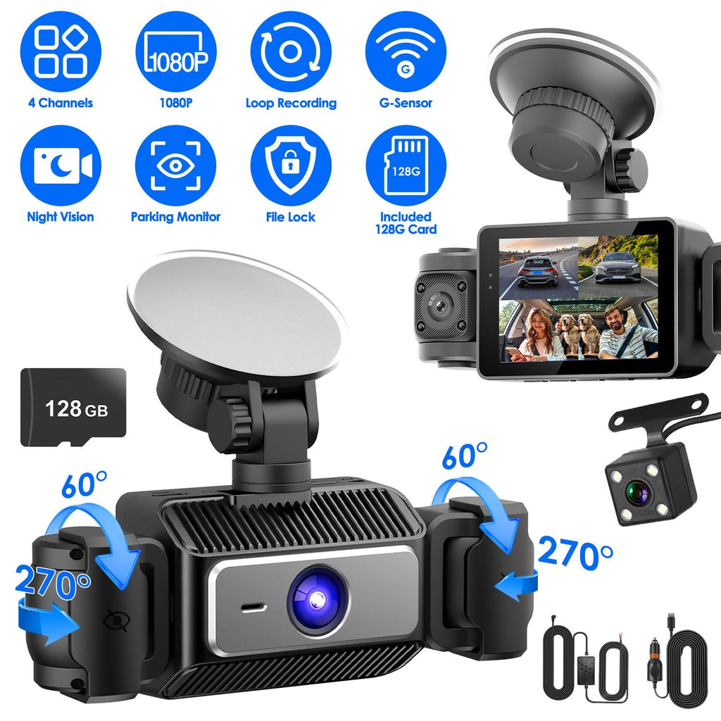 4 Channel Car Dash Cam with 128G MMC Card 1080P Front 720P Left Right 480P Rear G-Sensor Parking Monitor Loop Recording Night Vision 360° Surveillance Car Camera