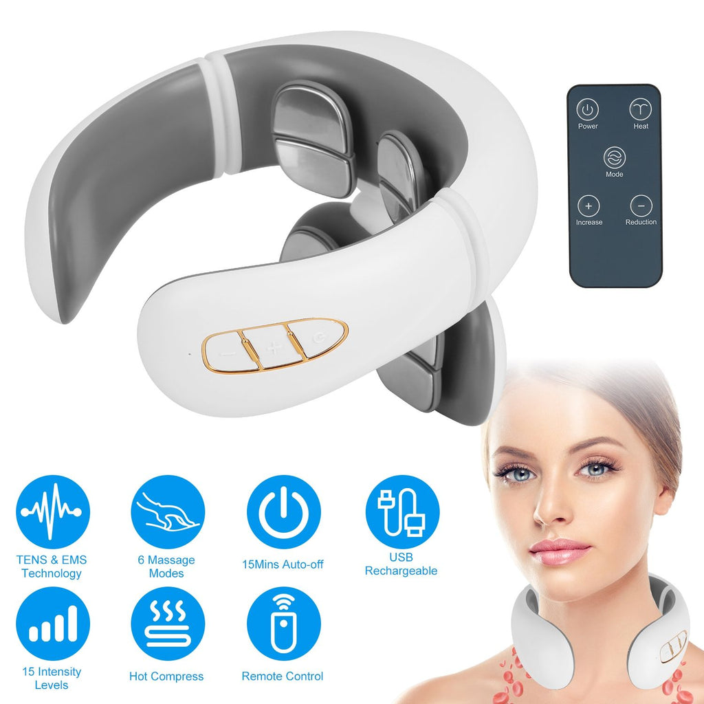 4 Heads/8 Heads Options Neck Massager with Heat Cordless Cervical Neck Massager EMS Neck Massager with 6 Modes 20 Intensity Levels Remote Control Voice Prompt