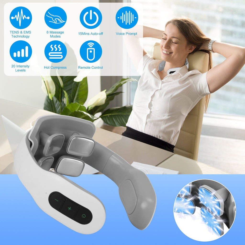 4 Heads/8 Heads Options Neck Massager with Heat Cordless Cervical Neck Massager EMS Neck Massager with 6 Modes 20 Intensity Levels Remote Control Voice Prompt