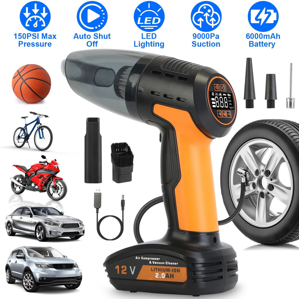 4 In 1 Cordless Car Vacuum Cleaner and Tire Inflator with LED Light Digital Display Tire Pressure Gauge 150PSI Rechargeable Air Compressor Pump Essential Car Accessories