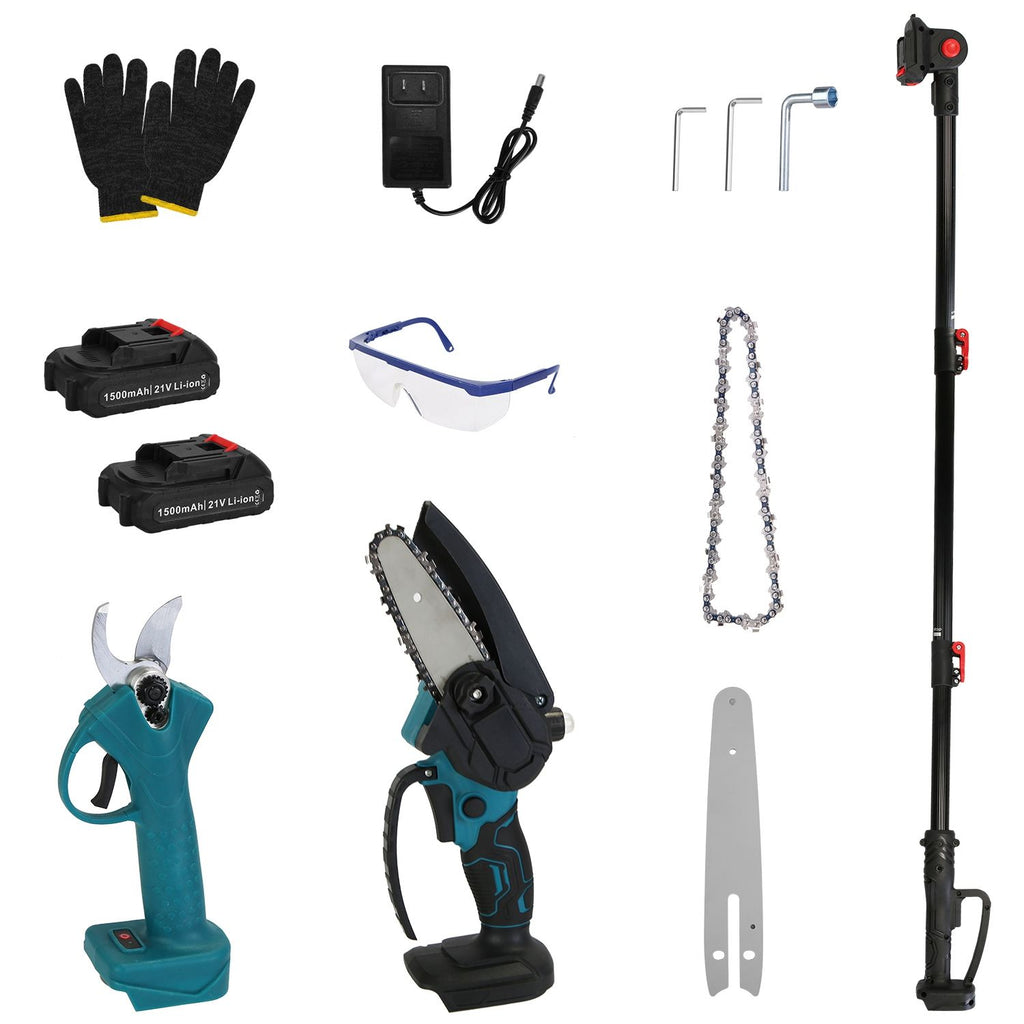 4 in 1 Cordless Pruning Shear and Electric Chainsaw With Max 5.5FT Extension Poles 4'/6' Pole Saw SK5 Blade Brushless Pruning Shear With 2Pcs 2.0Ah Batteries For Garden Yard
