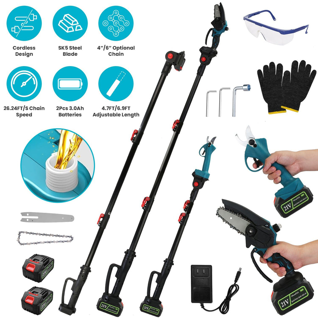 4 in 1 Cordless Pruning Shear and Electric Chainsaw With Max 5.5FT Extension Poles 4'/6' Pole Saw SK5 Blade Brushless Pruning Shear With 2Pcs 3.0Ah Batteries For Garden Yard GPCT5130(10Cell)