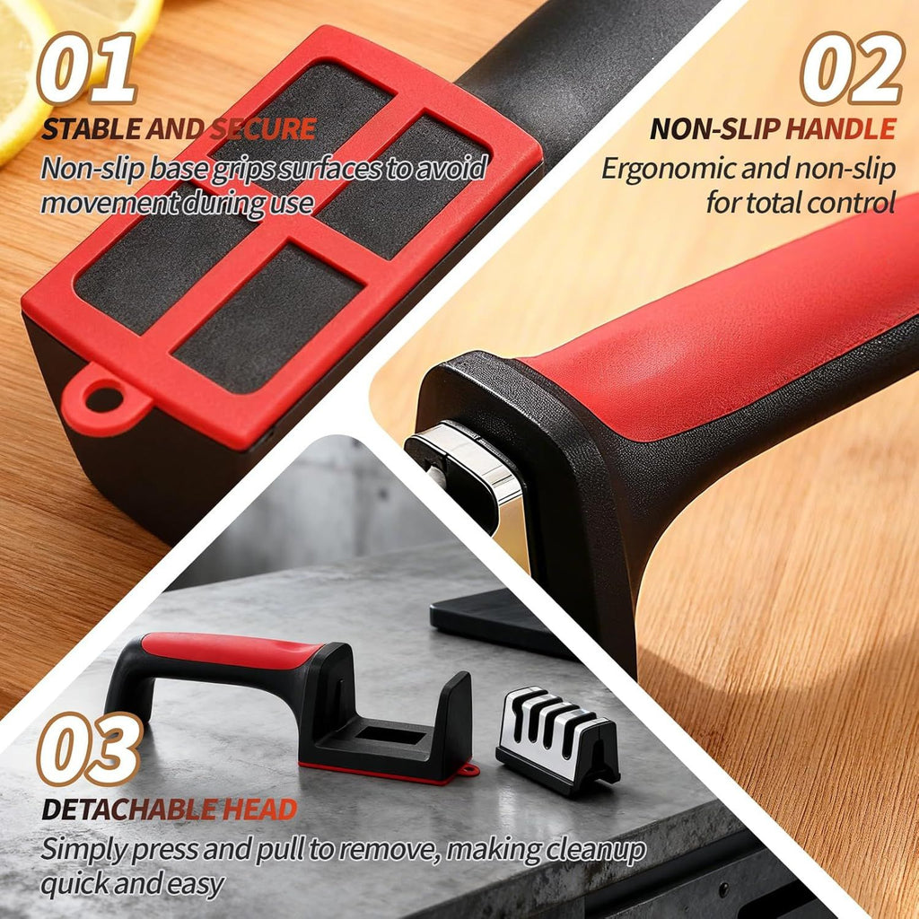 4-in-1 Kitchen Knife Sharpener, Professional Grade with Tungsten Steel and Ceramic Slots, Scissor Sharpening, Black/Red