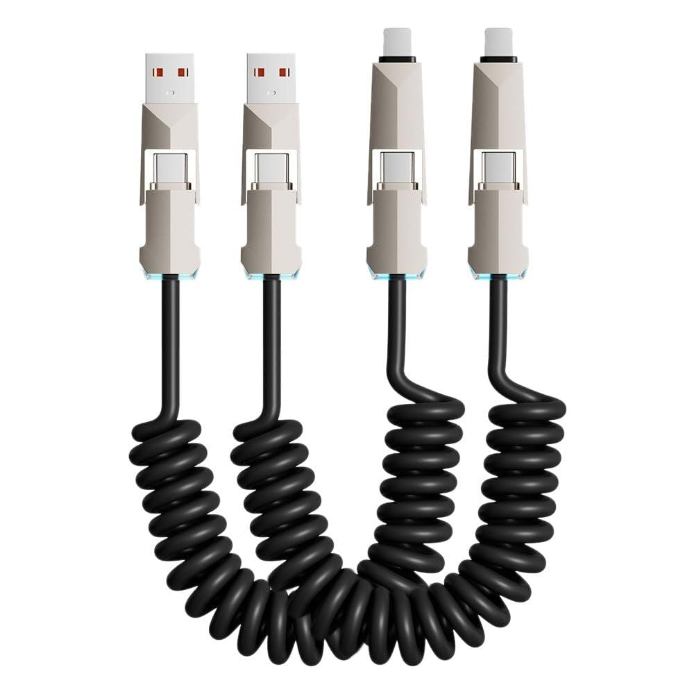 4 in 1 Spring Fast Charging Cable (2Pack), 240W USB-C PD Multi Fast Charging, 1.2m/5ft Coiled Retractable Cable for iPhone, - Black