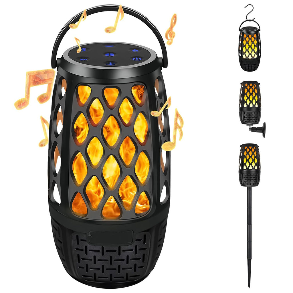 4 In 1 Wireless 5.3 Outdoor Speaker IPX5 Waterproof Patio Speaker LED Flame Speaker with 3 Flame Light Modes Hook Stake Wall Mount Holder Sync Up to 100 Speakers