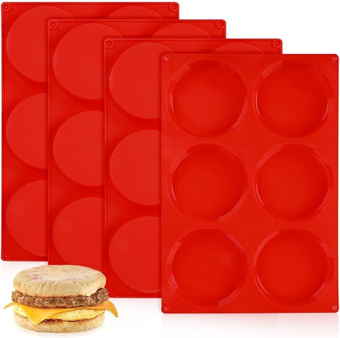 4 Inch Muffin Top Pan, Silicone Egg Molds for Breakfast Sandwiches Jumbo Round Baking Pan for Oven English muffins, Whoopie Pies, Corn Bread, Egg bites, Tarts 4 Pack Red