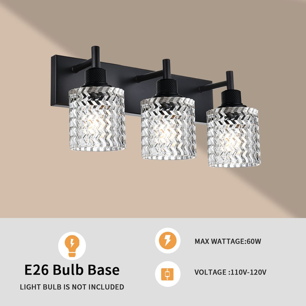 4-Light Wall Sconce Lighting with Hammered Glass Shade, Industrial Black Bathroom Lights Over Mirror, Modern Vanity Lighting Fixtures for Porch Entryway Stair