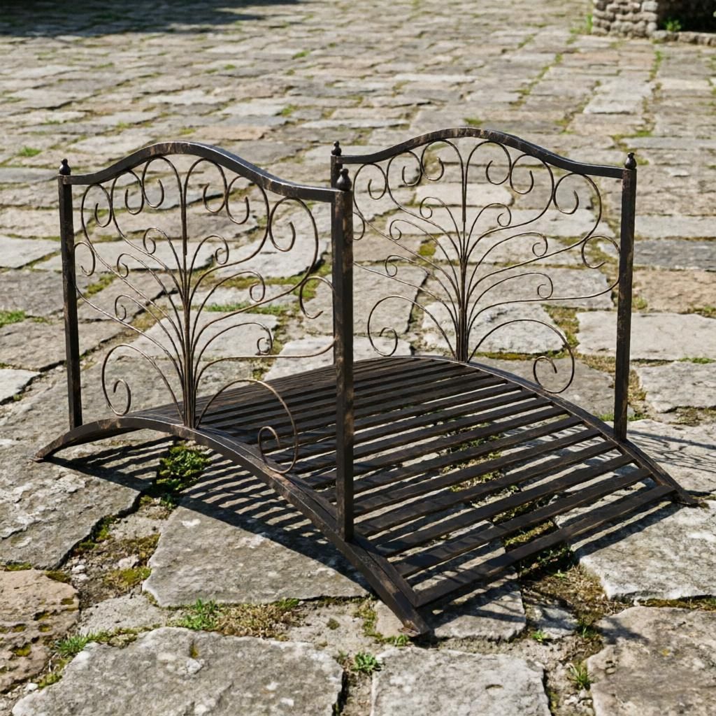 4' Metal Arch Garden Bridge with Safety Side Rails Black Bronze Decorative Scrollwork Easy Assembly Backyard Feature