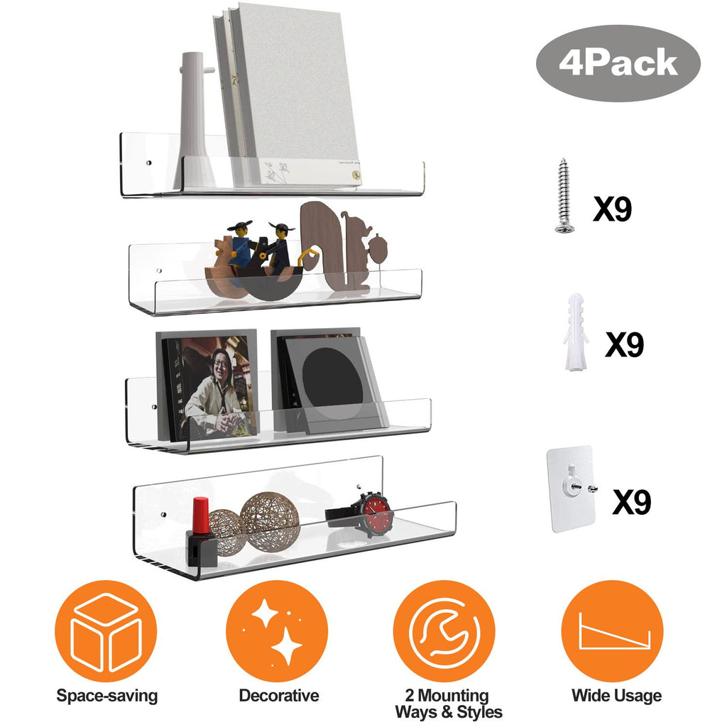 4 Pack 15In Clear Acrylic Floating Shelves Bookshelves with 2 Mounting Ways Wall Mounted Organizer for Kitchen Bathroom Study Living Room Bedroom Office