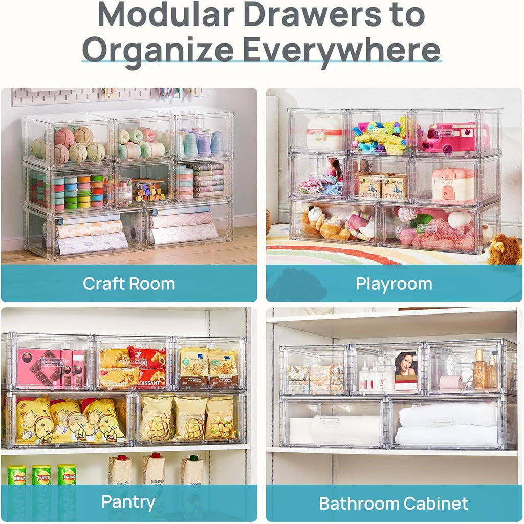 4 Pack 18QT Clear Stackable Storage Drawers,Easily Assemble Closet Organizers,Plastic Storage Bins for Bathroom,Cabinet,Kitchen Pantry,Under Sink Organization(Medium)