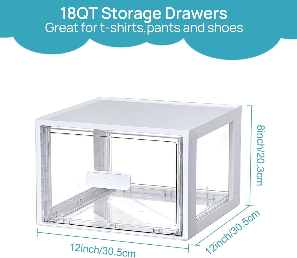 4 Pack 18QT White Stackable Storage Drawers,Easily Assemble Closet Organizers,Plastic Storage Bins for Bathroom,Cabinet,Kitchen Pantry,Under Sink Organization(Medium)