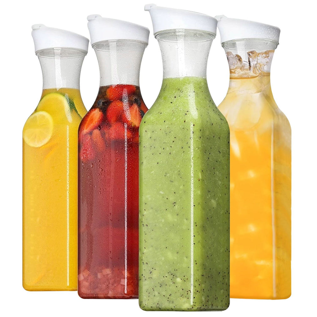4 Pack 50Oz Water Carafes with Flip Top Lids Square Juice Containers for Fridge Plastic Clear Pitchers for Water Iced Tea Juice Lemonade Milk Cold Brew