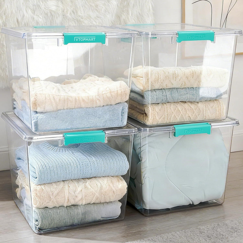 4 Pack 72 QT Crystal Clear Storage Bins with Lids, 4 Pack Stackable Plastic Large Latching Boxes Totes Tubs Container for Closet Organizers and Storage, Bedroom, Clothes, Bedding