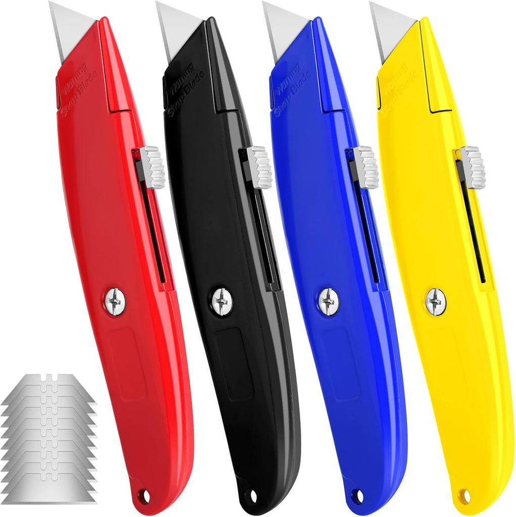 4 Pack Box Cutter, Utility Knife, with 10 Extra SK5 Blades, Aluminum Shell Box Cutter Retractable for Papers, Cardboard, and Cartons, Razor Knife, Pipe Cutter(Red, Blue, Yellow, Black)