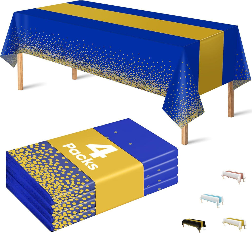 4 Pack Disposable Plastic Table Cloths for Parties,Royal Blue and Gold Rectangle Table Covers for Graduation Wedding Birthday Fathers Day Decorations